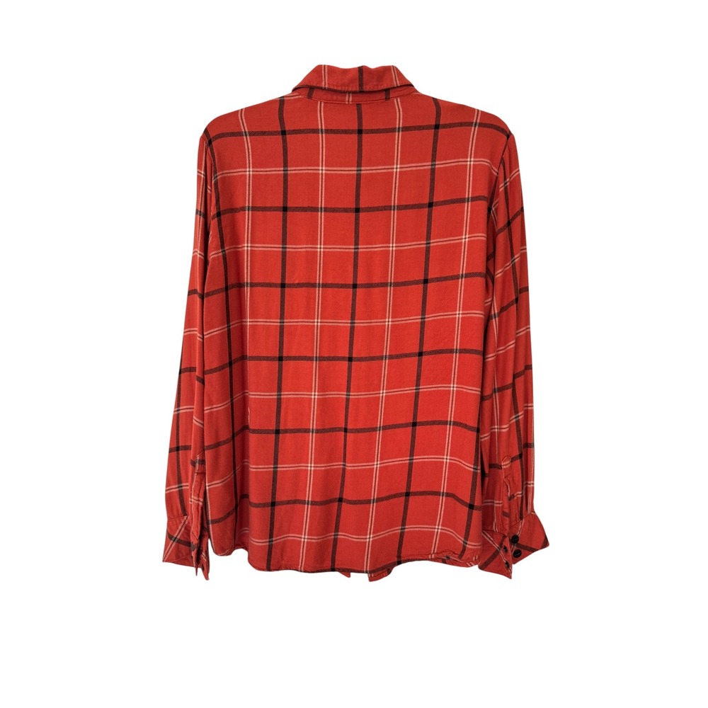 🌴 Sanctuary Womens Orange Black Plaid Rayon Button Down Utility Shirt Size M - Picture 2 of 4